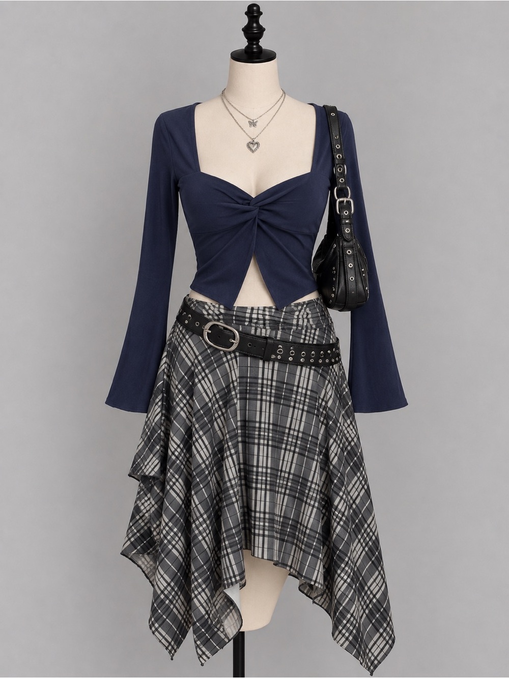 Edikted Navy Twist-Front Long Sleeve Top